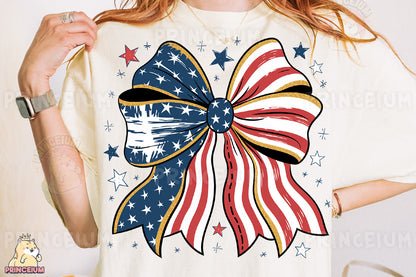 a woman wearing an american flag bow t - shirt