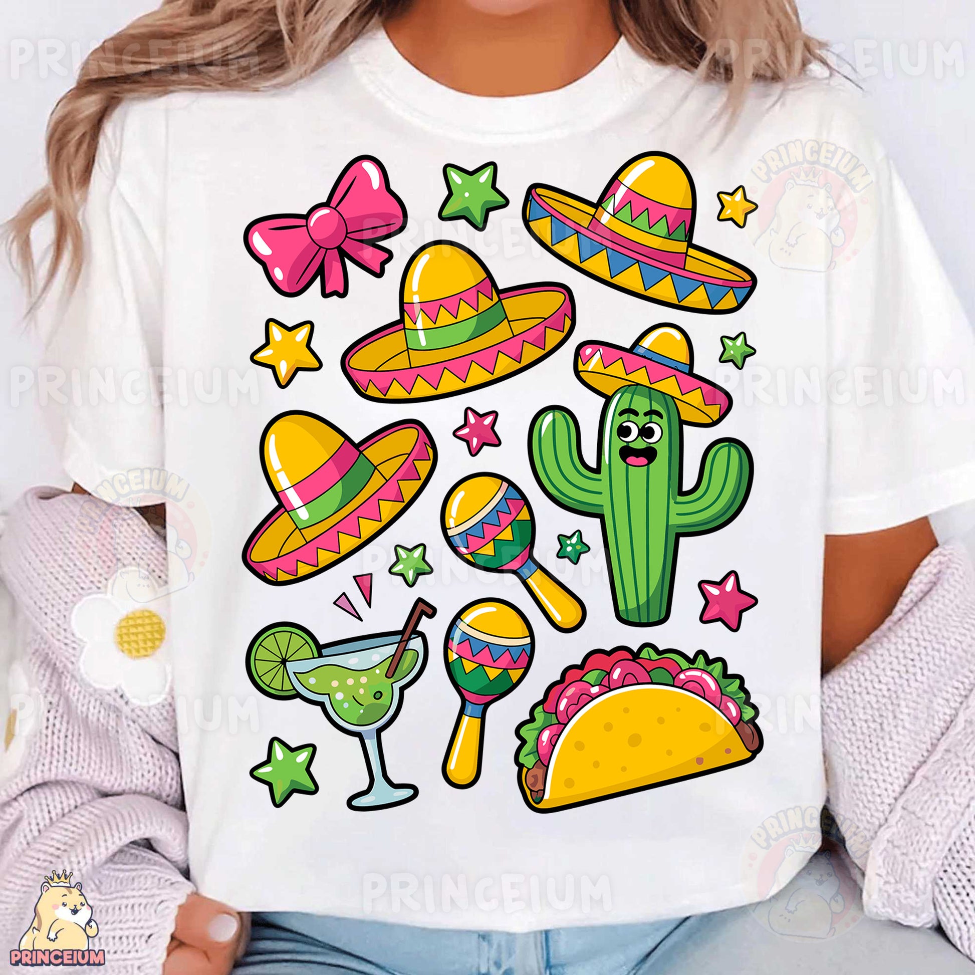 a woman wearing a white t - shirt with mexican icons on it