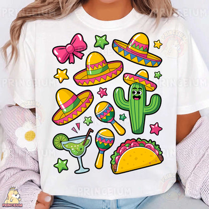 a woman wearing a white t - shirt with mexican icons on it