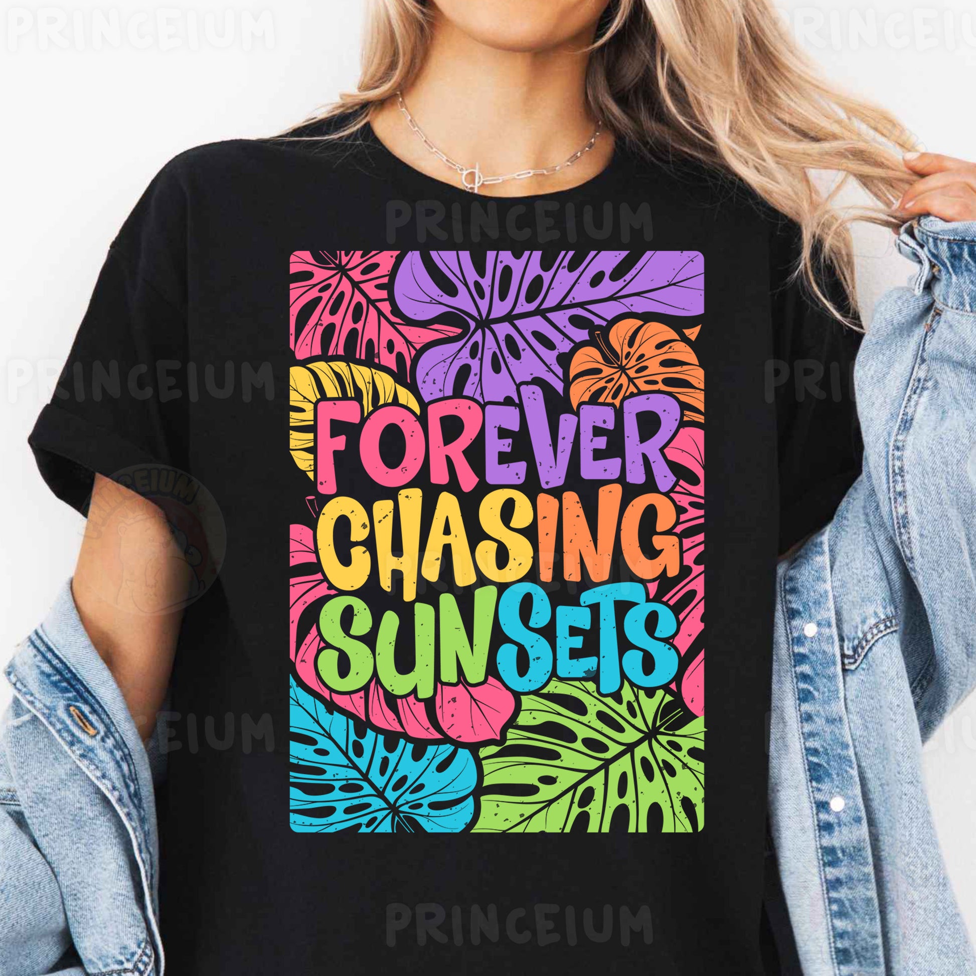 a woman wearing a t - shirt that says forever, chasing sunsets
