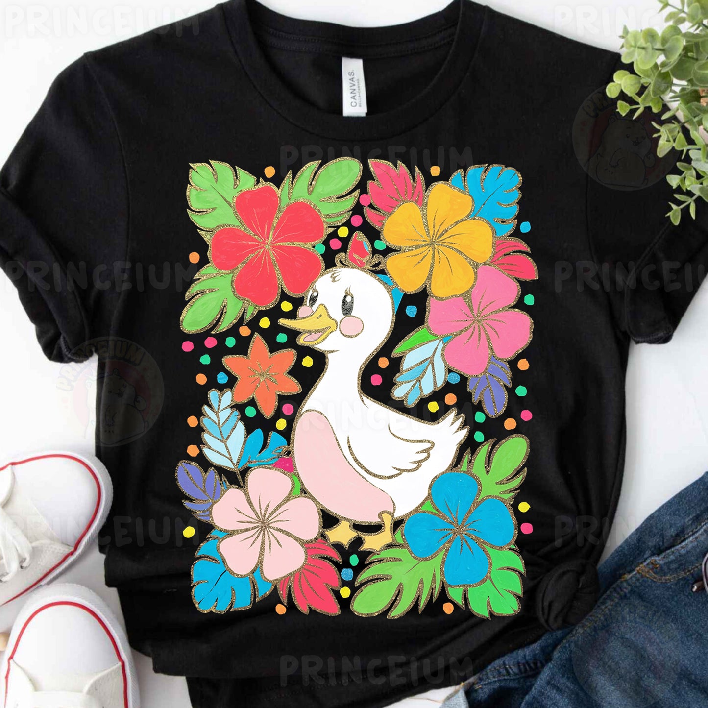 a t - shirt with a duck surrounded by flowers