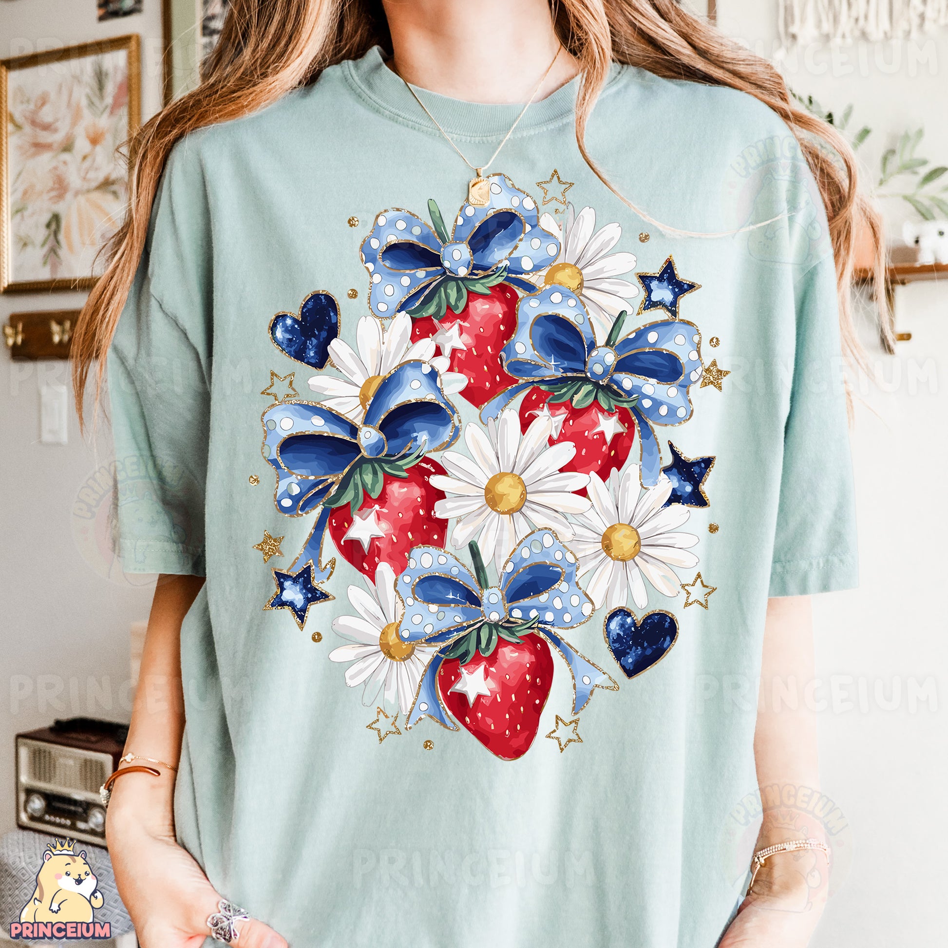 a woman wearing a t - shirt with a strawberry and daisies on it