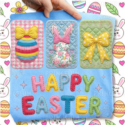 Happy Easter PNG, Patchwork Bunny Egg Bow Cards Art, Cute Colorful Spring Clipart Design