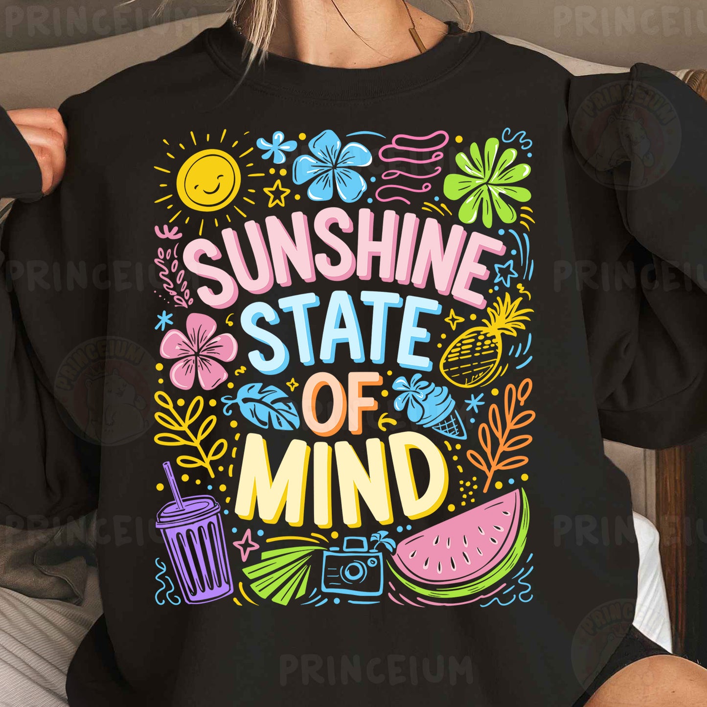 a woman wearing a black shirt that says sunshine state of mind