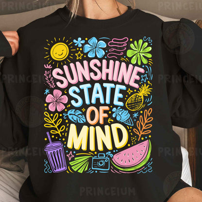 a woman wearing a black shirt that says sunshine state of mind