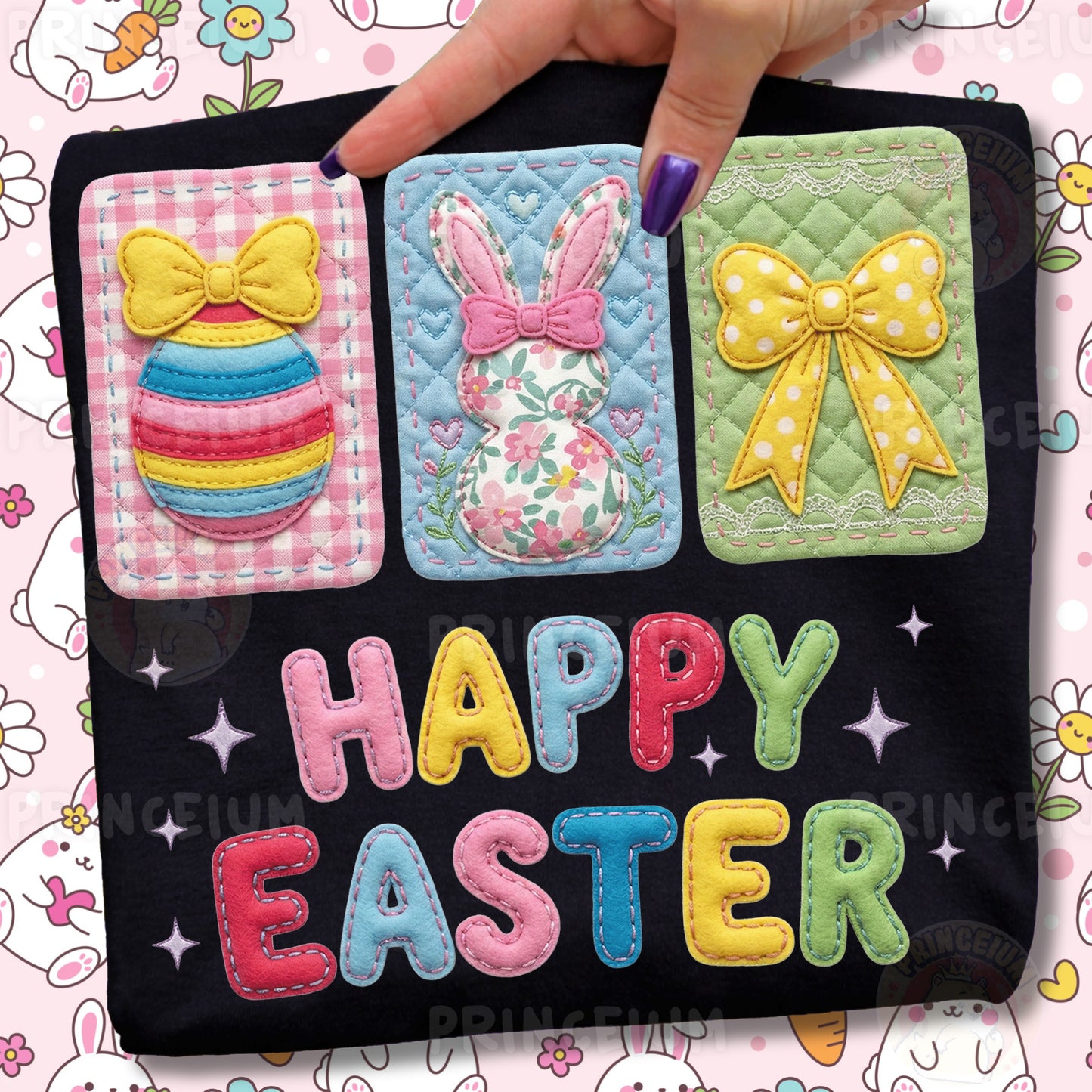 Happy Easter PNG, Patchwork Bunny Egg Bow Cards Art, Cute Colorful Spring Clipart Design