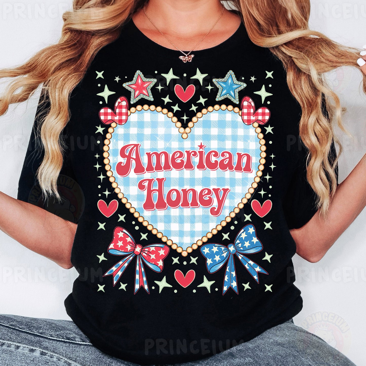 a woman wearing a black american honey shirt