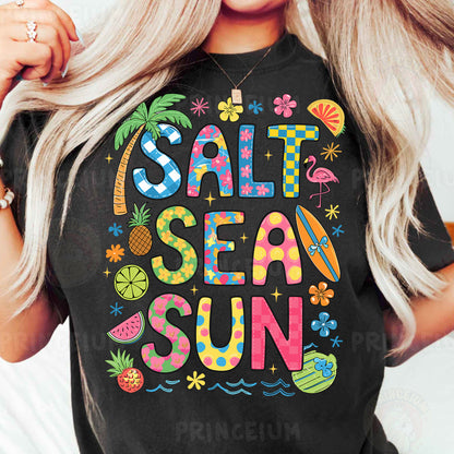 a woman wearing a salt sea sun t - shirt