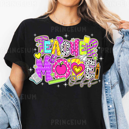 a woman wearing a teacher mom t - shirt