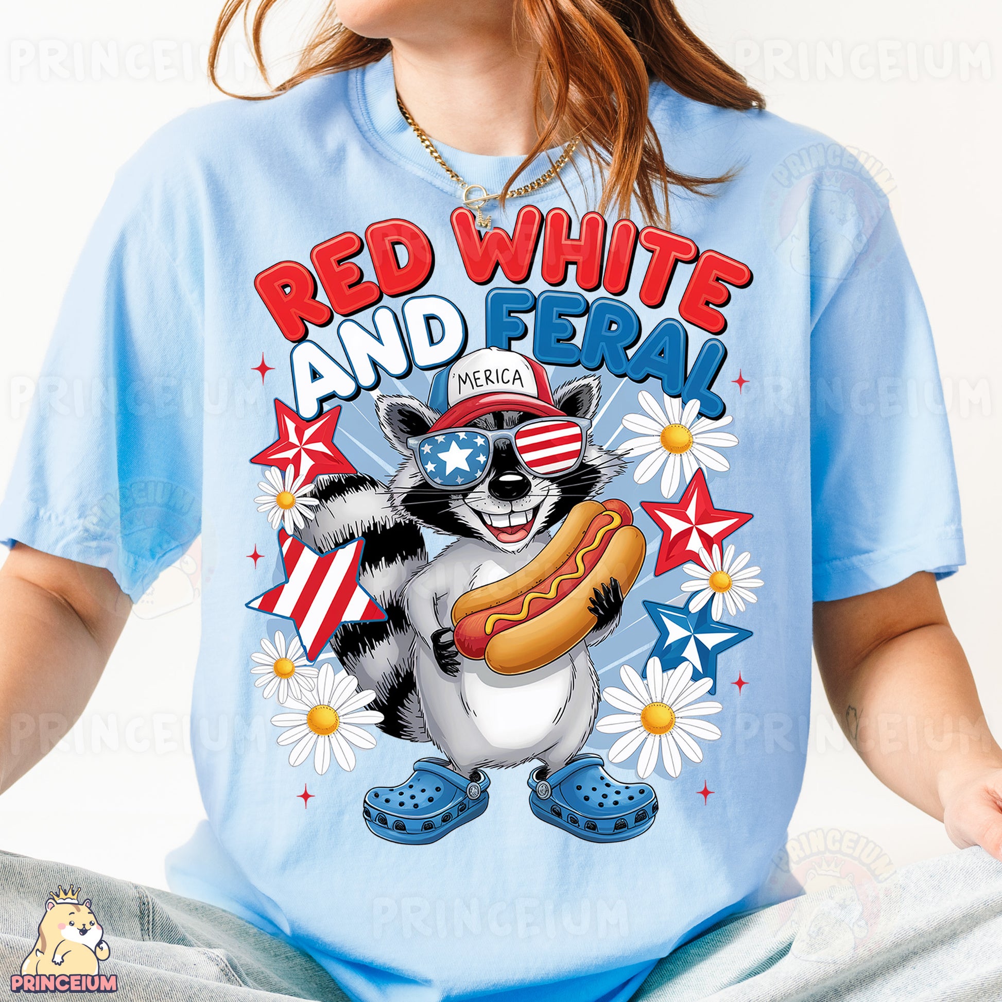 a girl wearing a red white and blue shirt with a raccoon eating a