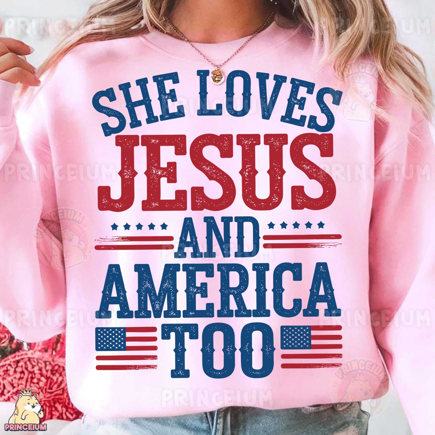 a woman wearing a pink sweatshirt that says she loves jesus and america too