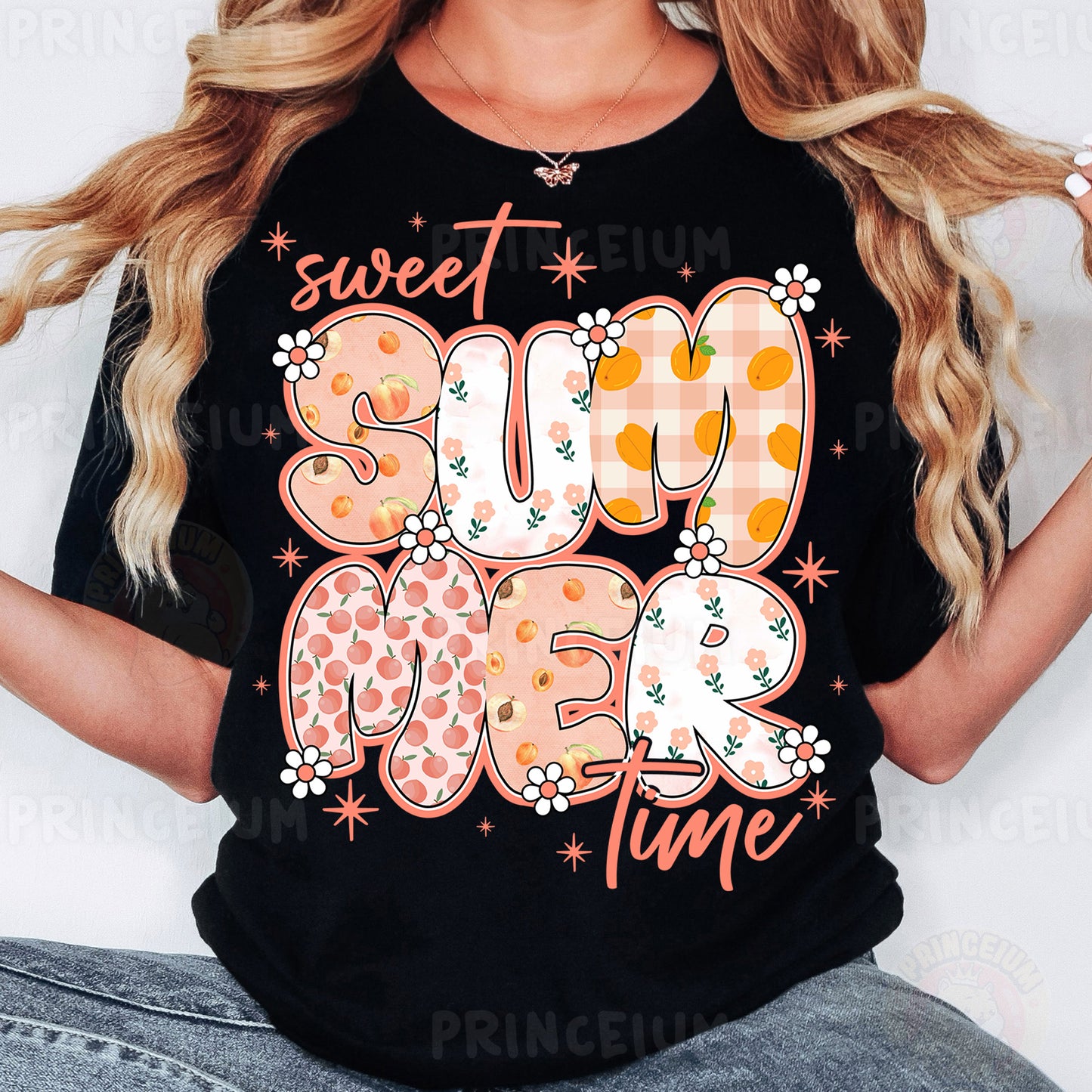 a woman wearing a black shirt that says sweet summer time