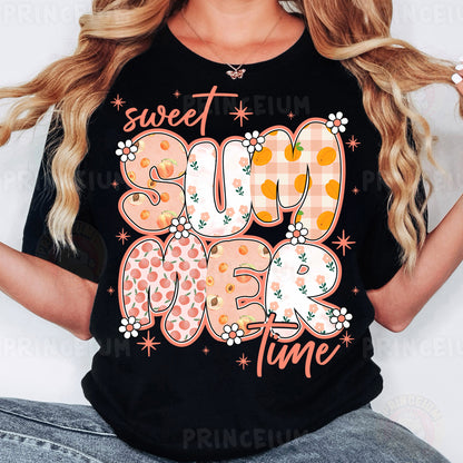 a woman wearing a black shirt that says sweet summer time