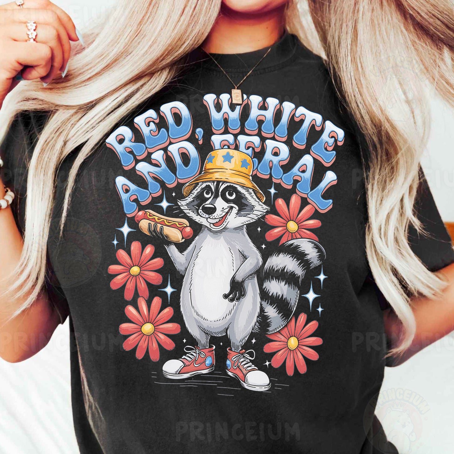 a woman wearing a black shirt with a raccoon on it