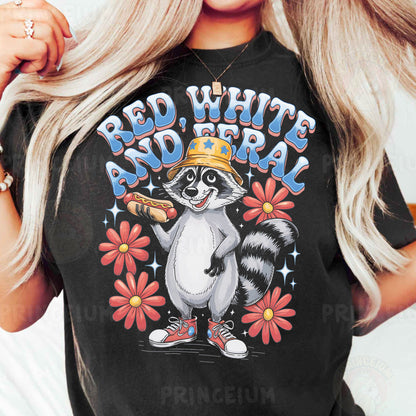 a woman wearing a black shirt with a raccoon on it