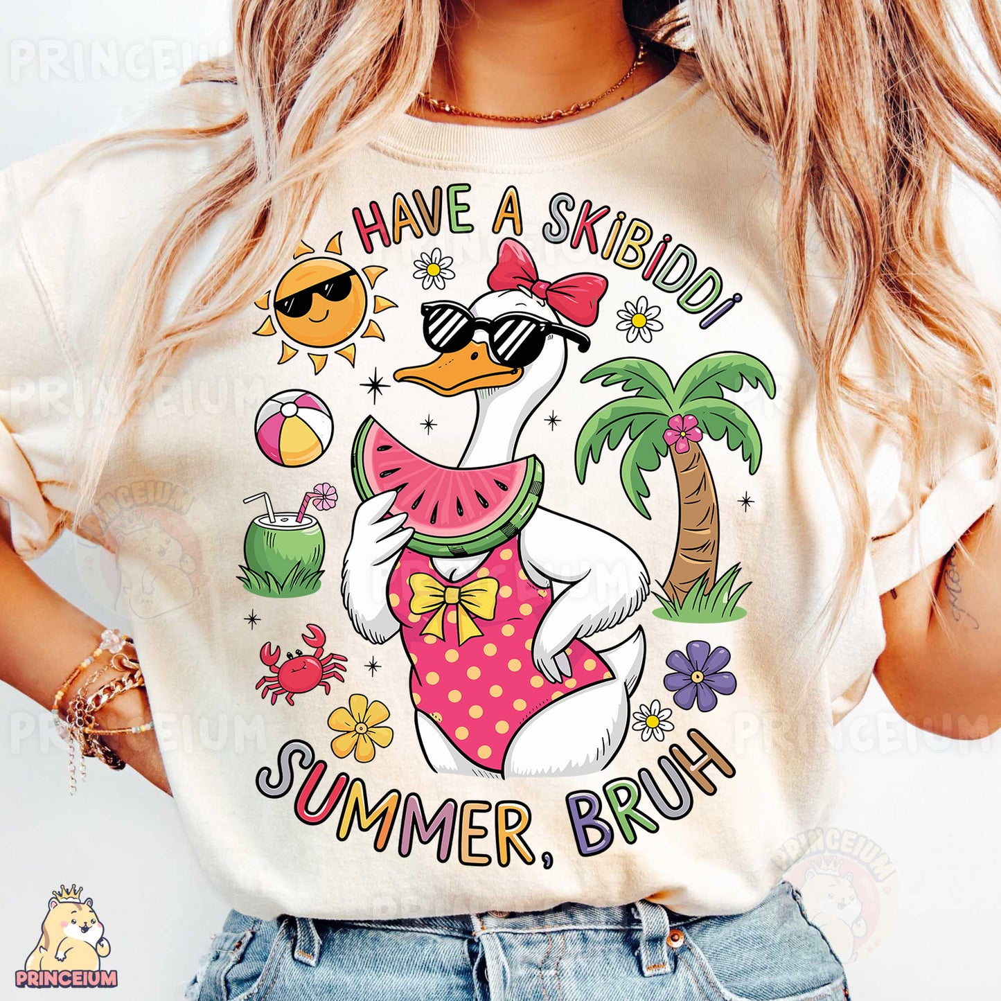 a woman wearing a t - shirt with a duck on it