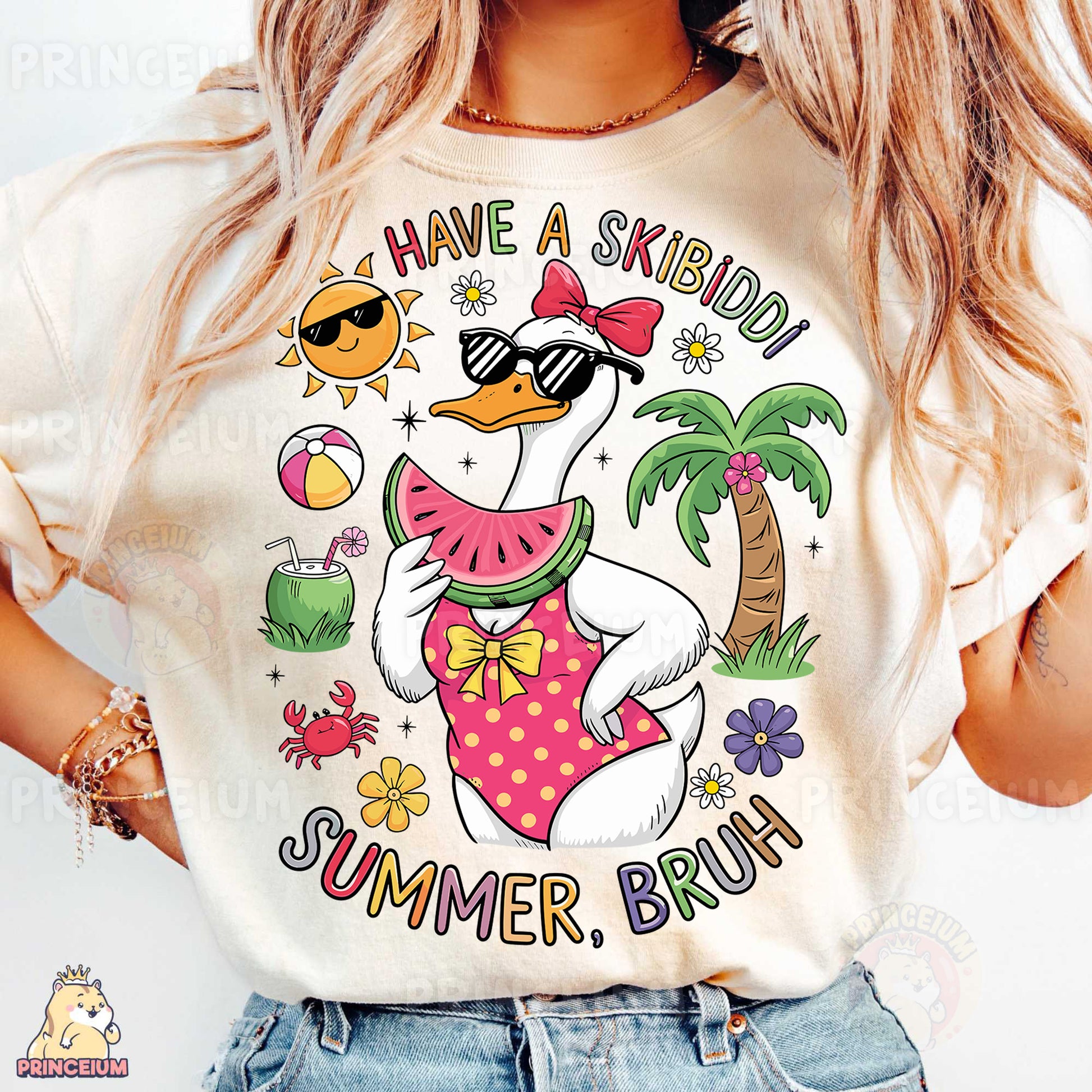 a woman wearing a t - shirt with a duck on it