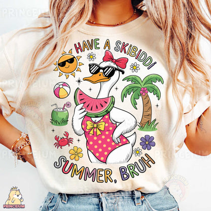 a woman wearing a t - shirt with a duck on it