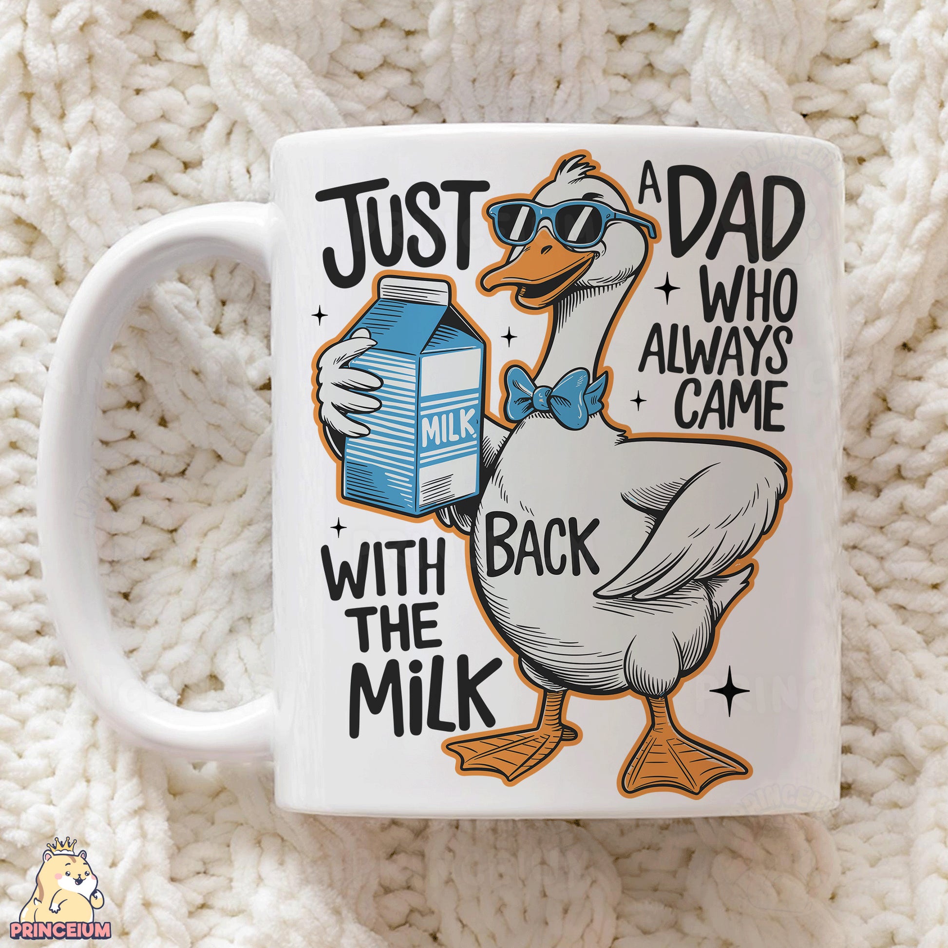 a coffee mug with a duck holding a carton of milk