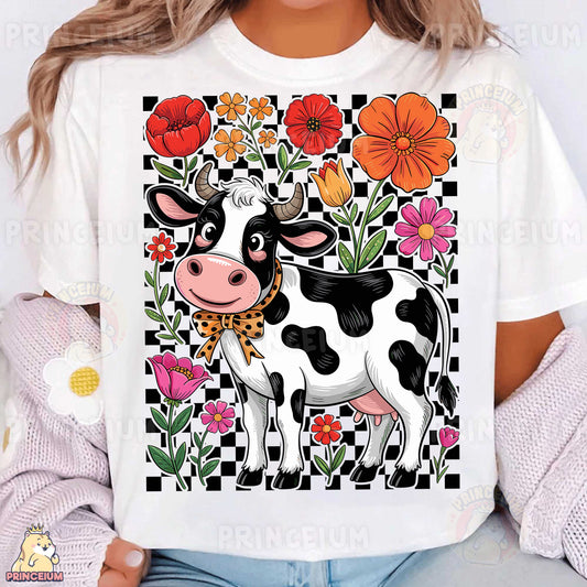 a woman wearing a t - shirt with a cow and flowers on it