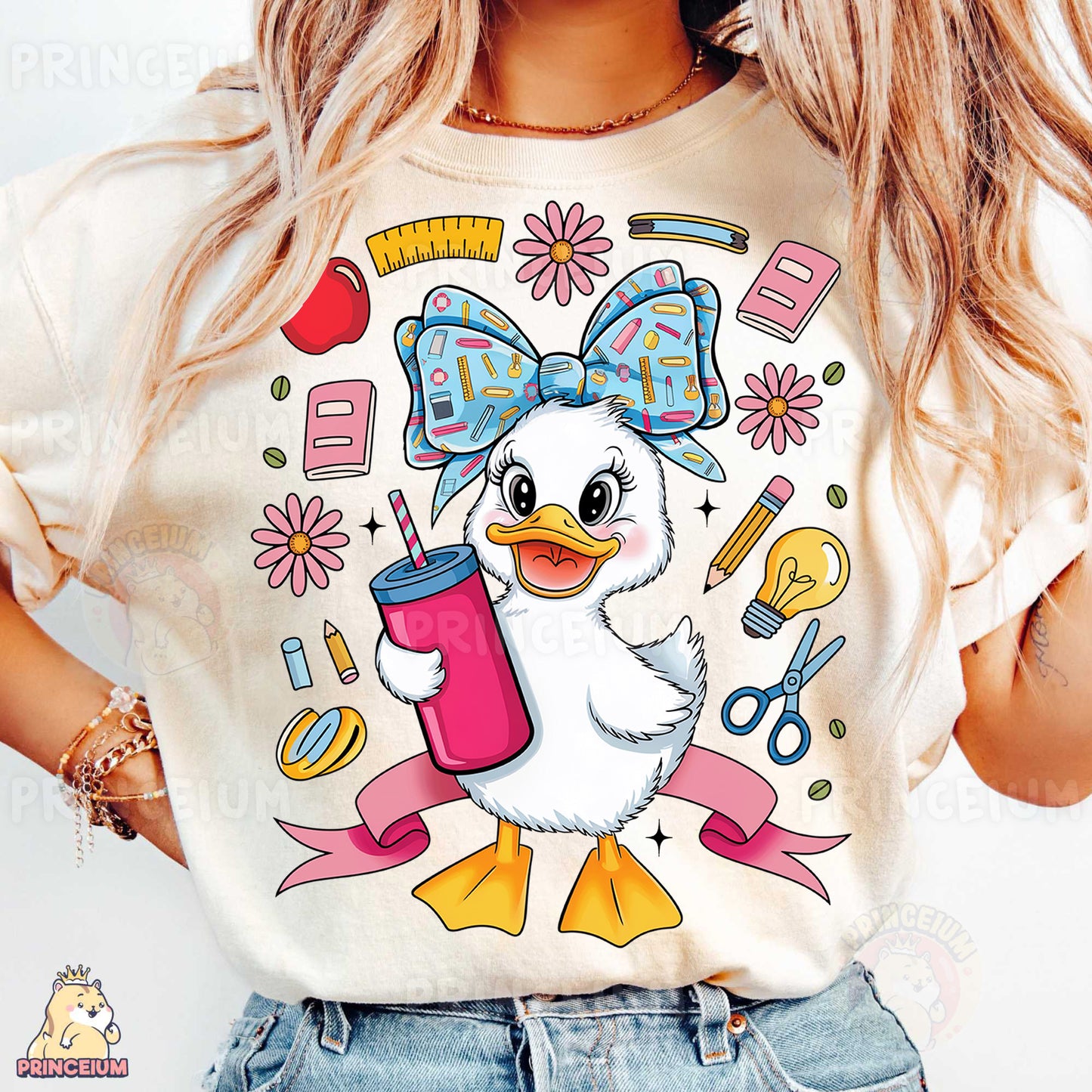 a woman wearing a t - shirt with a duck on it