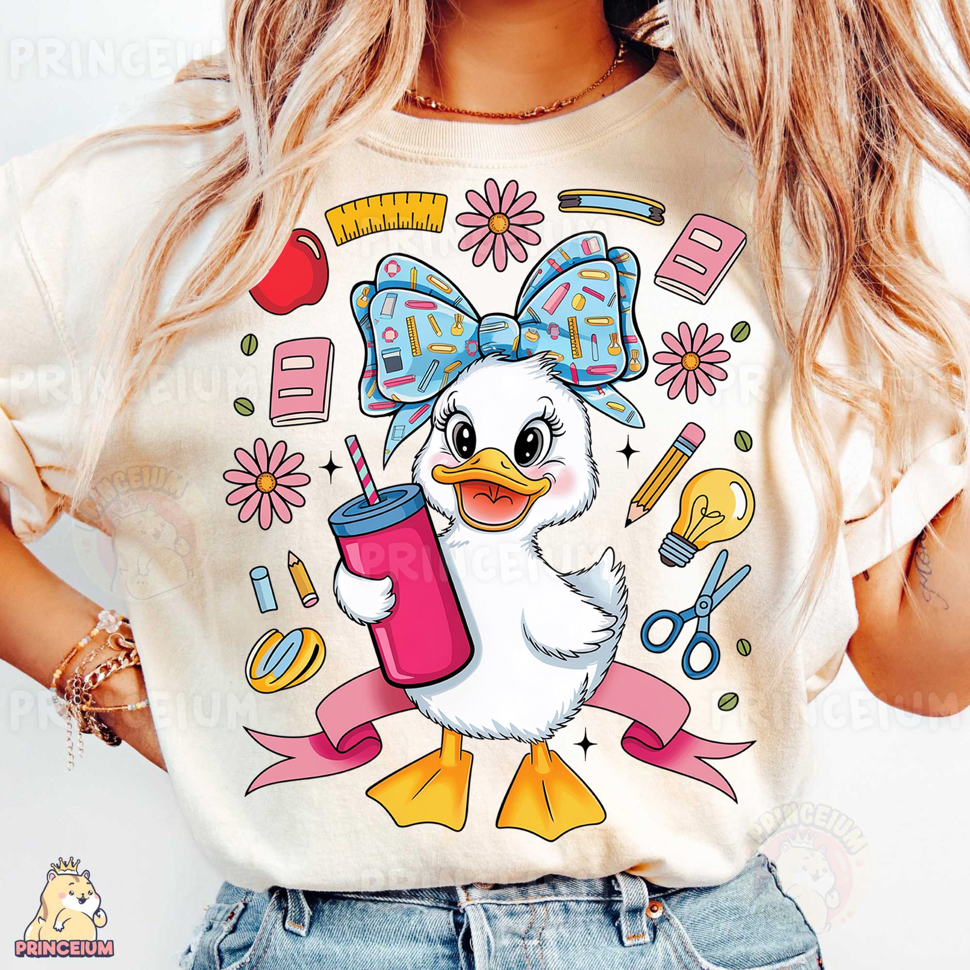 a woman wearing a t - shirt with a duck on it