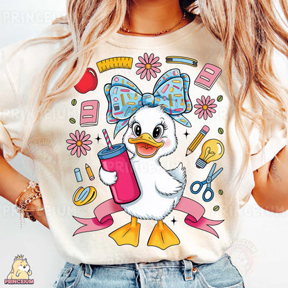 a woman wearing a t - shirt with a duck on it