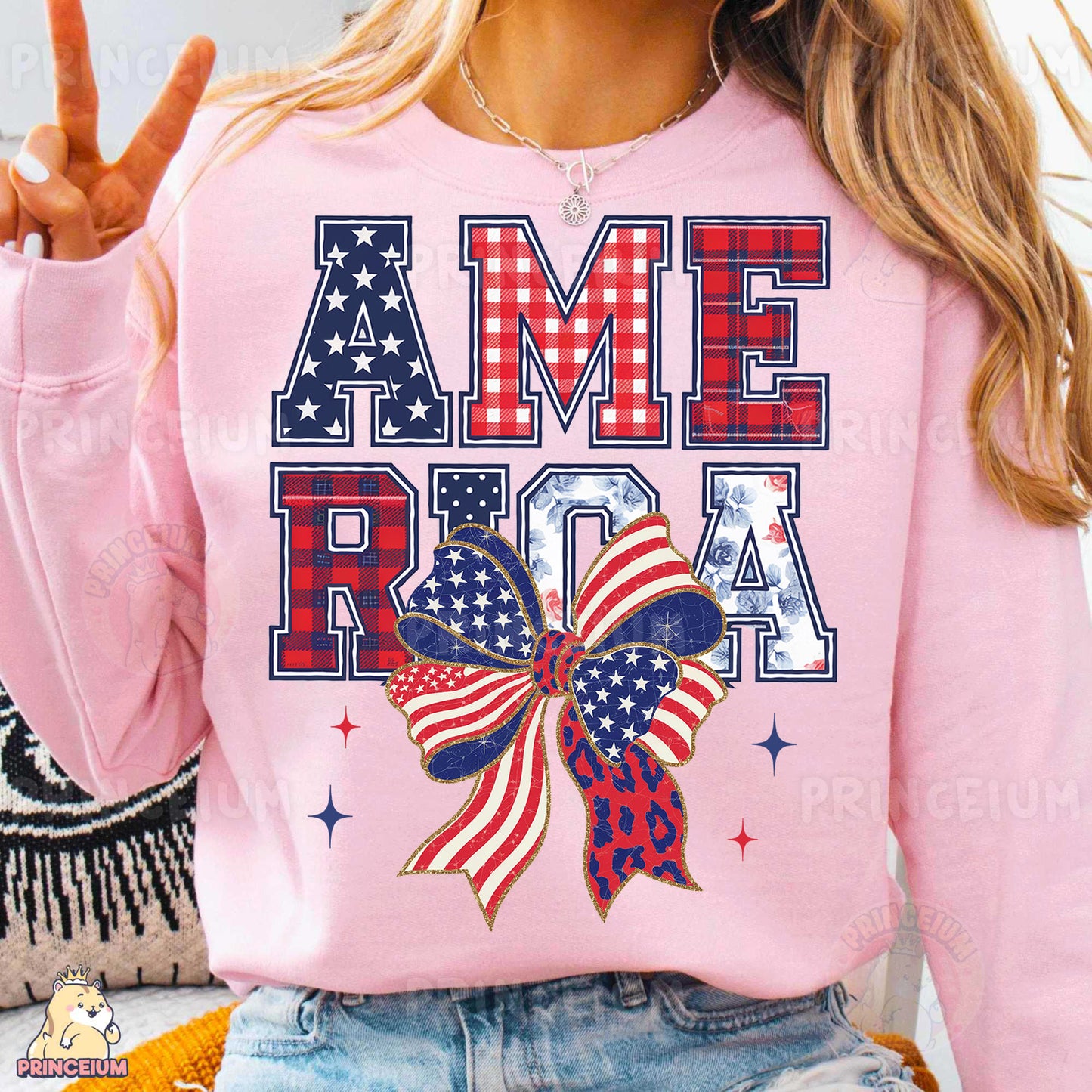 a woman wearing a pink shirt with an american flag bow on it