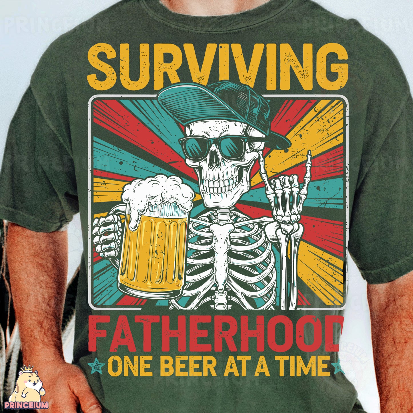 a man wearing a green shirt with a skeleton holding a beer