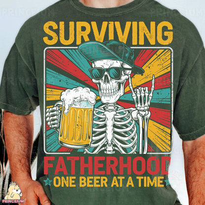 a man wearing a green shirt with a skeleton holding a beer
