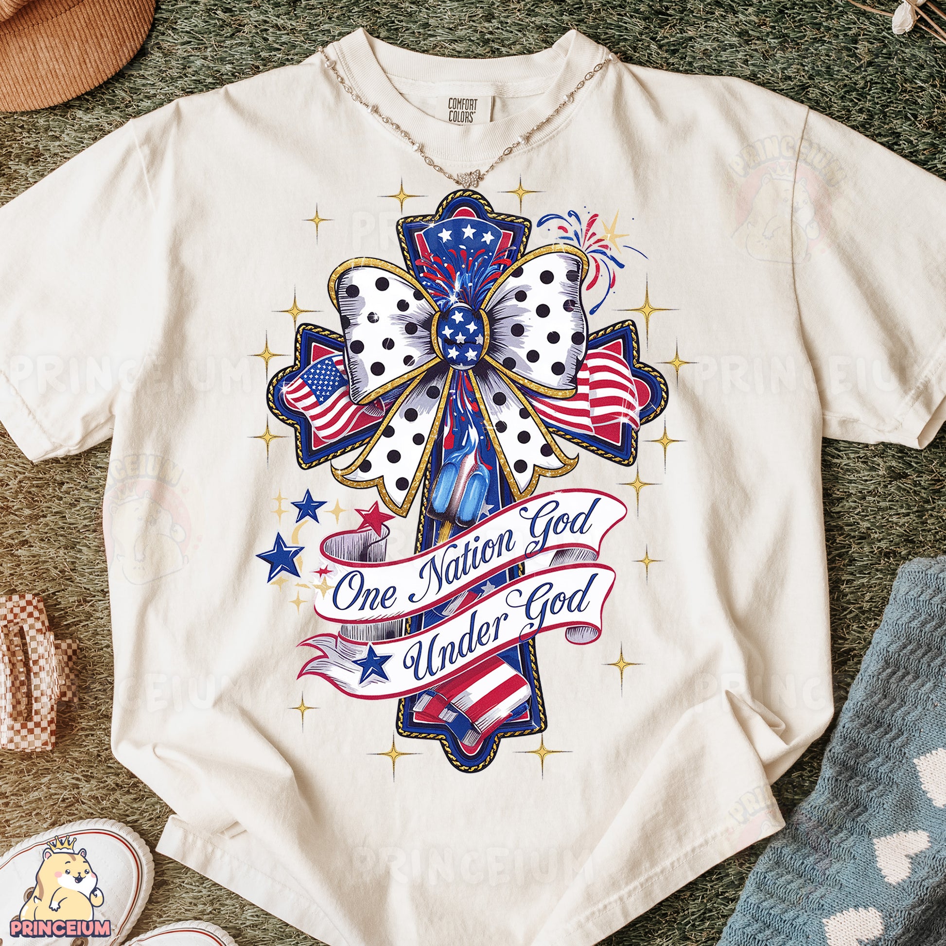 a t - shirt with a cross and american flags on it