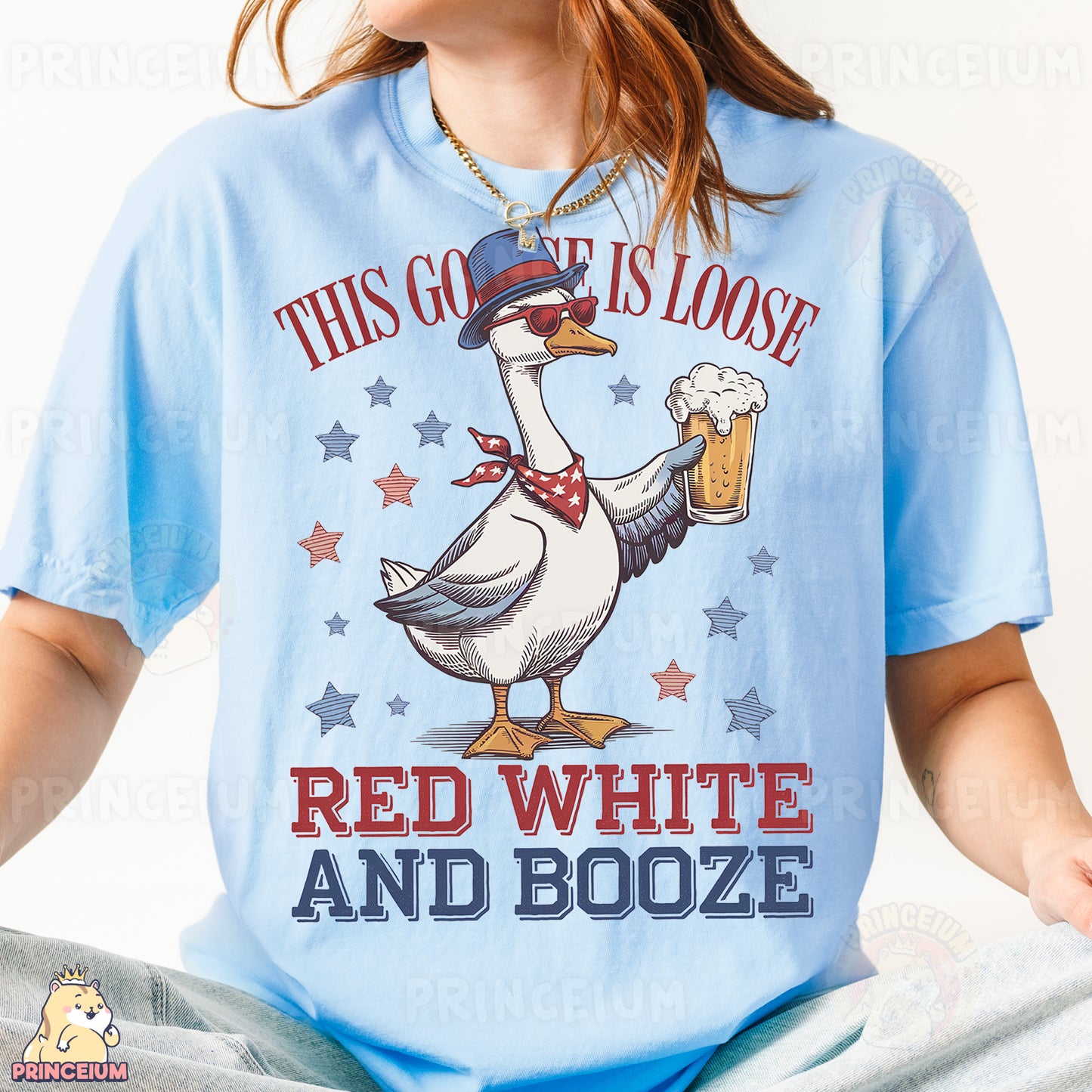 a woman wearing a blue t - shirt with a goose holding a mug of beer
