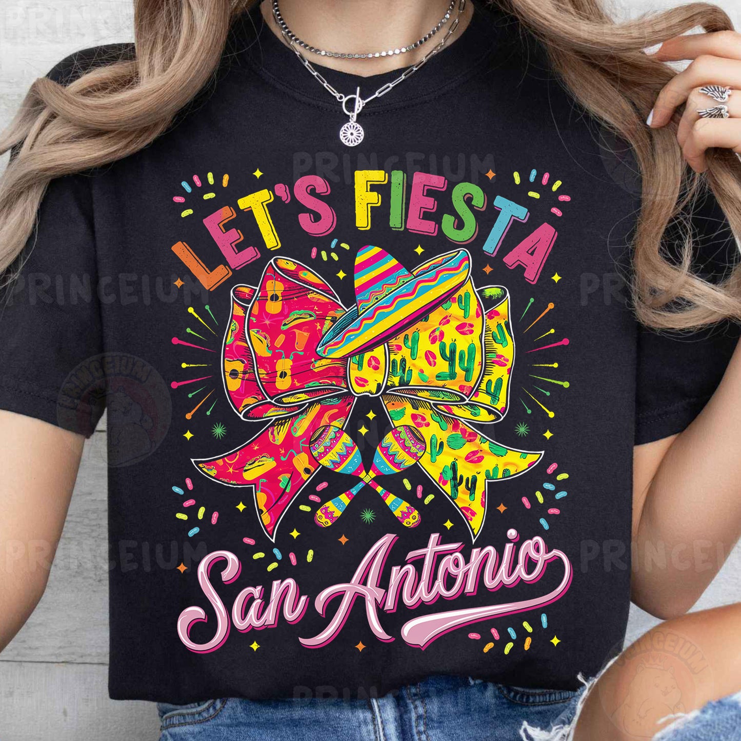 a woman wearing a t - shirt that says let's fiesta san antonio