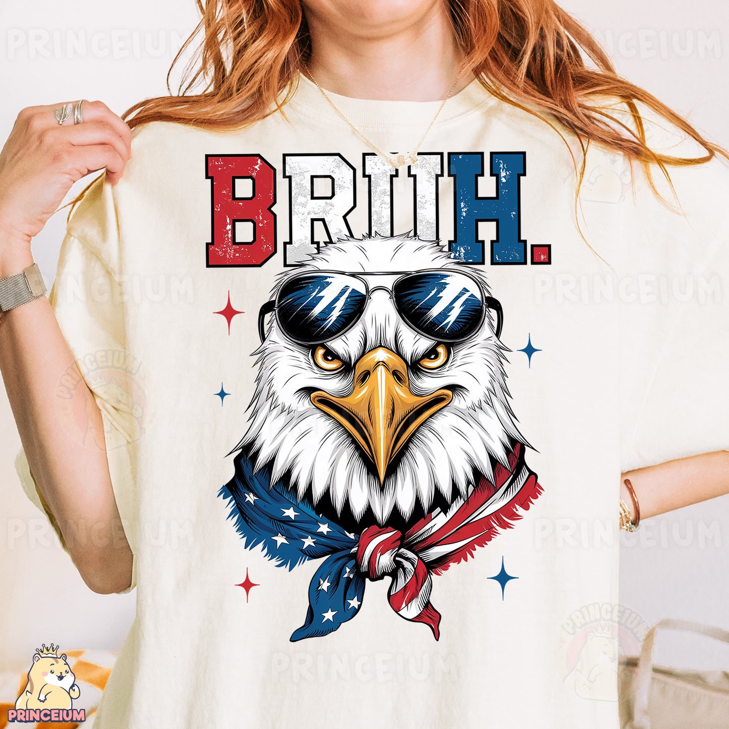 a woman wearing a t - shirt with an eagle wearing sunglasses
