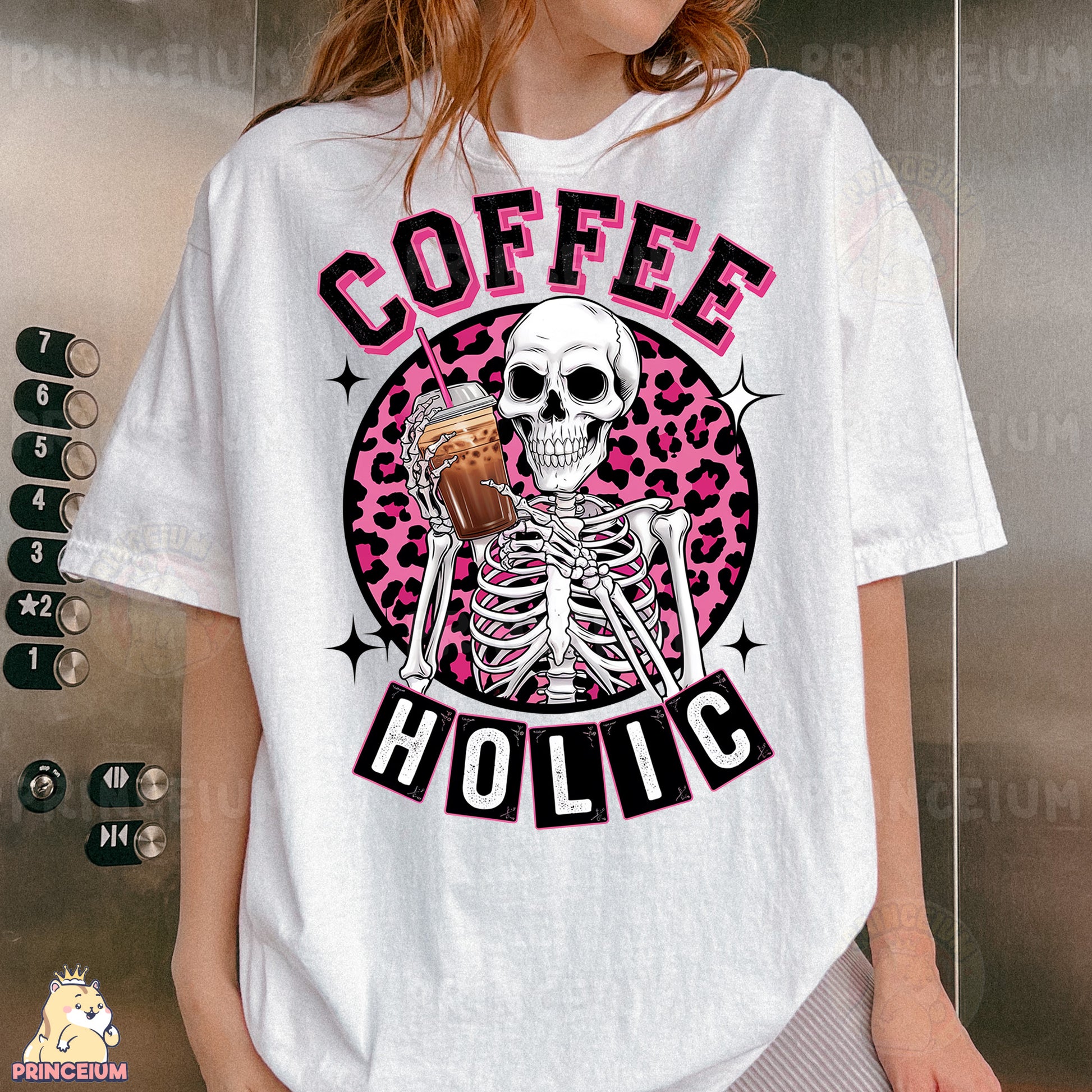 a woman wearing a white coffee holic t - shirt