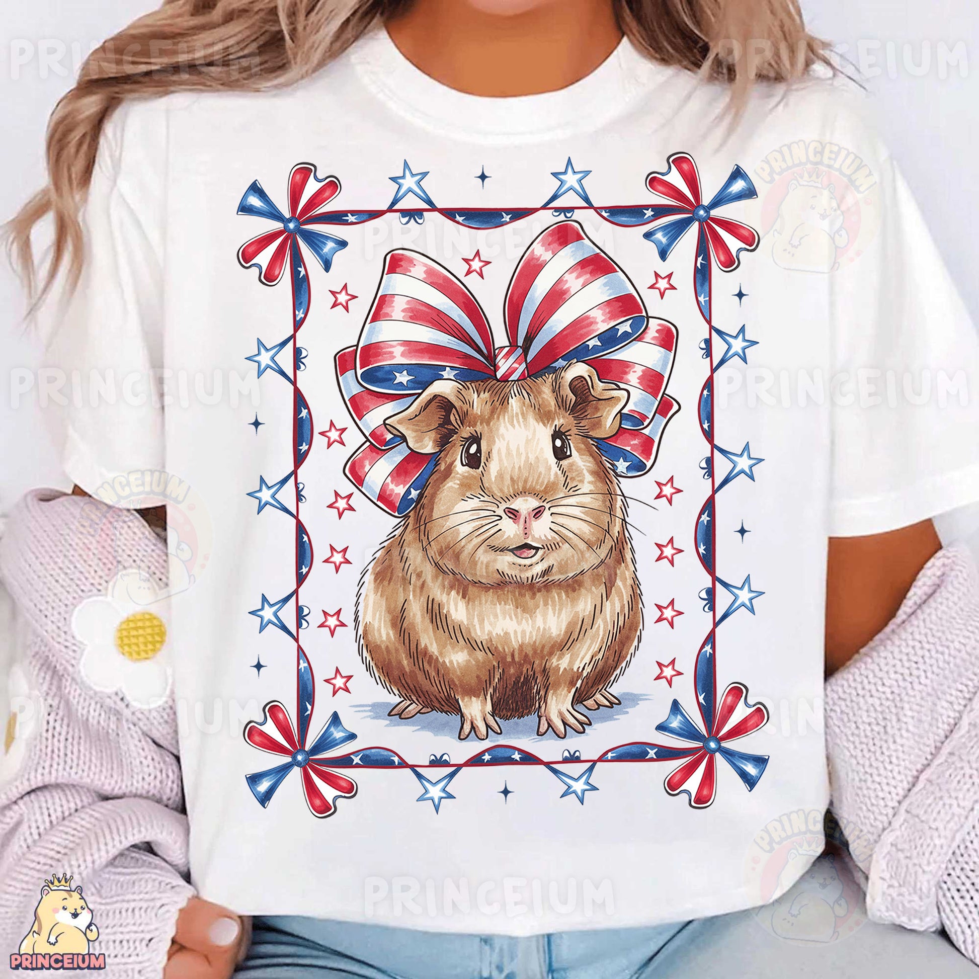 a woman wearing a t - shirt with a picture of a hamster wearing a