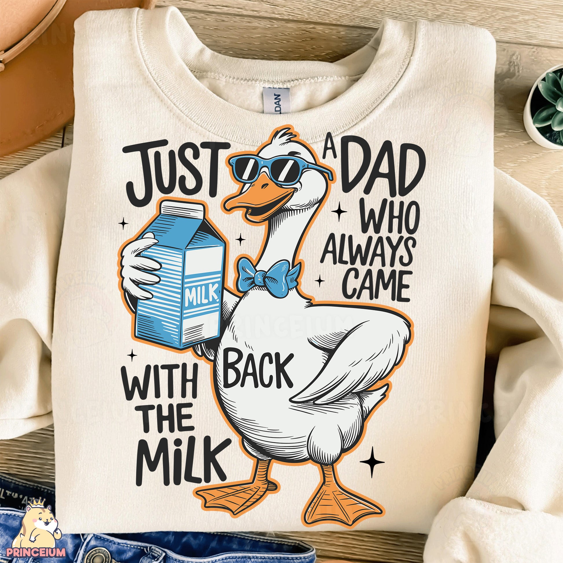 a t - shirt with a duck holding a milk carton