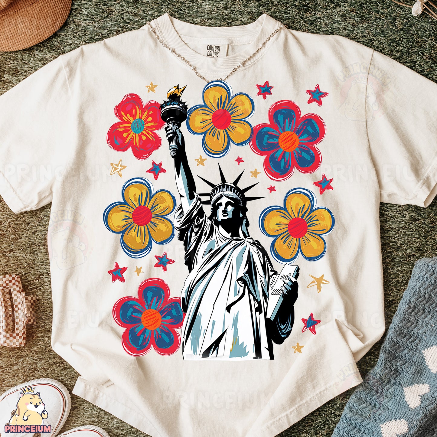 a t - shirt with the statue of liberty surrounded by flowers