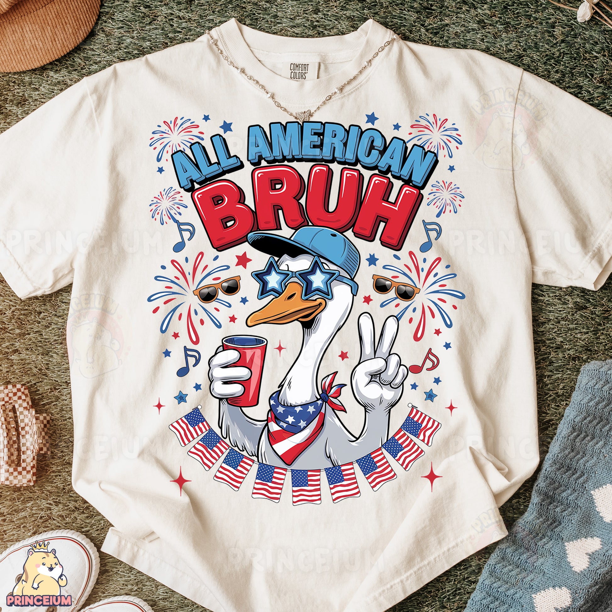 a t - shirt with an image of a duck wearing a hat and holding a