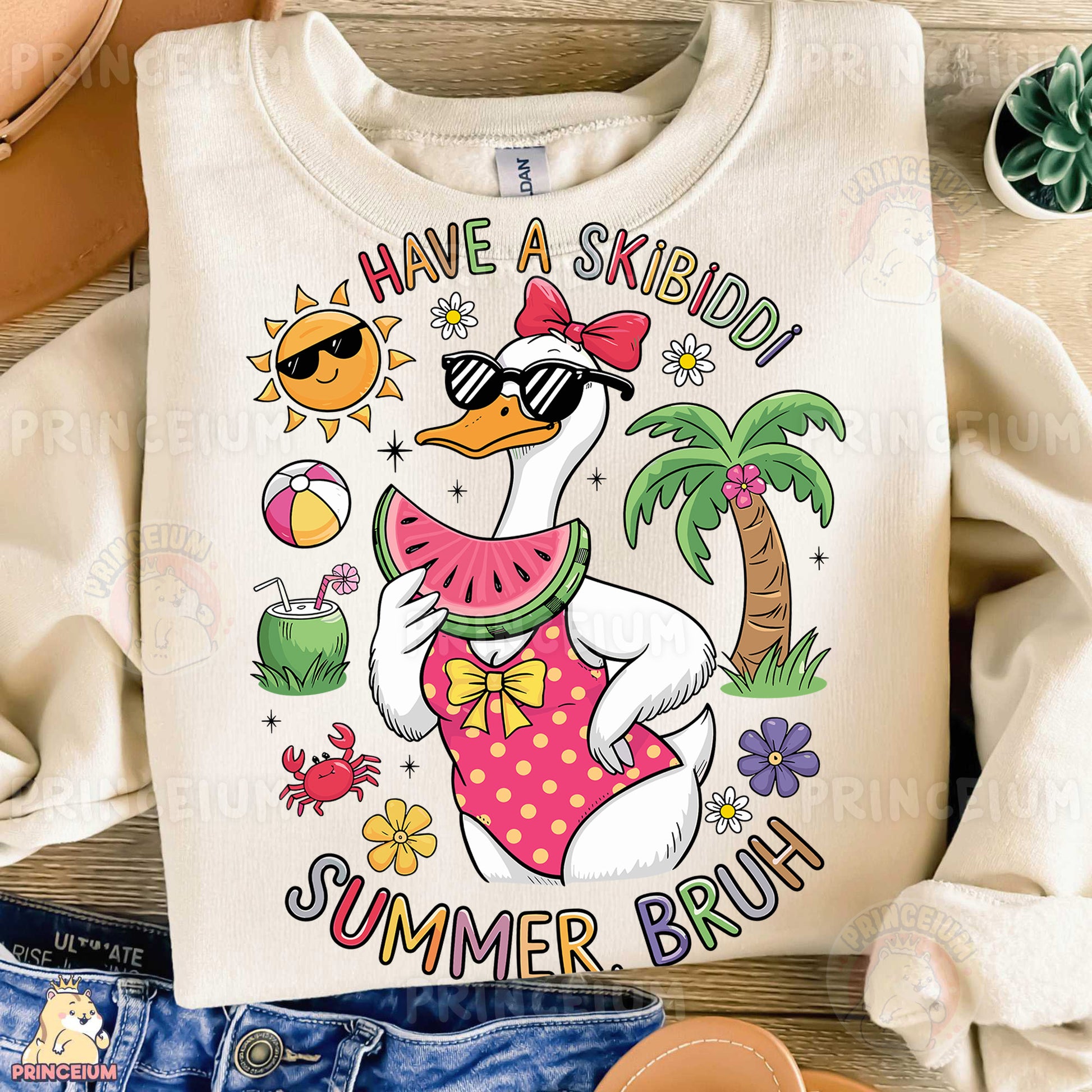 a white shirt with a cartoon duck wearing a pink swimsuit