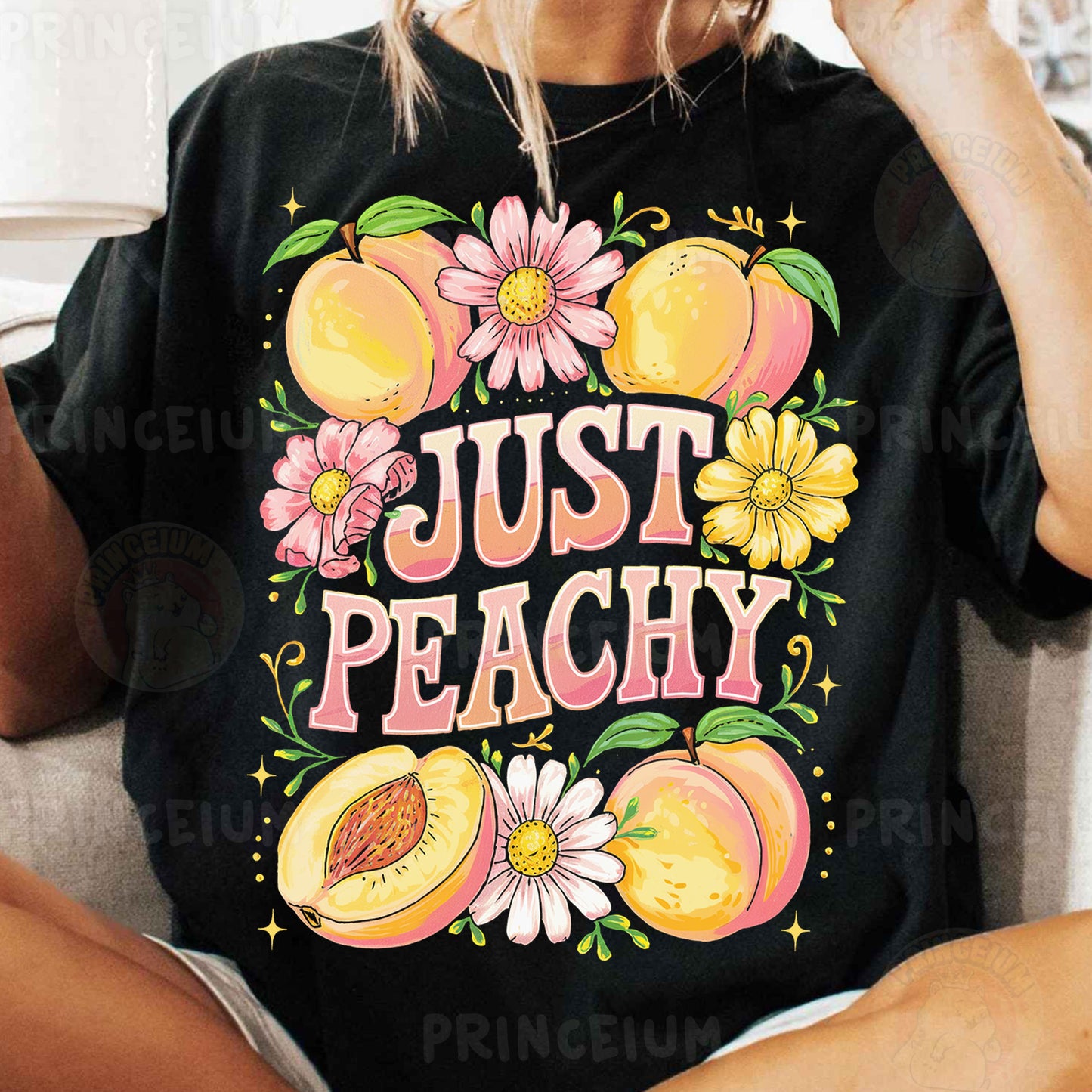 a woman sitting on a couch wearing a t - shirt that says just peachy