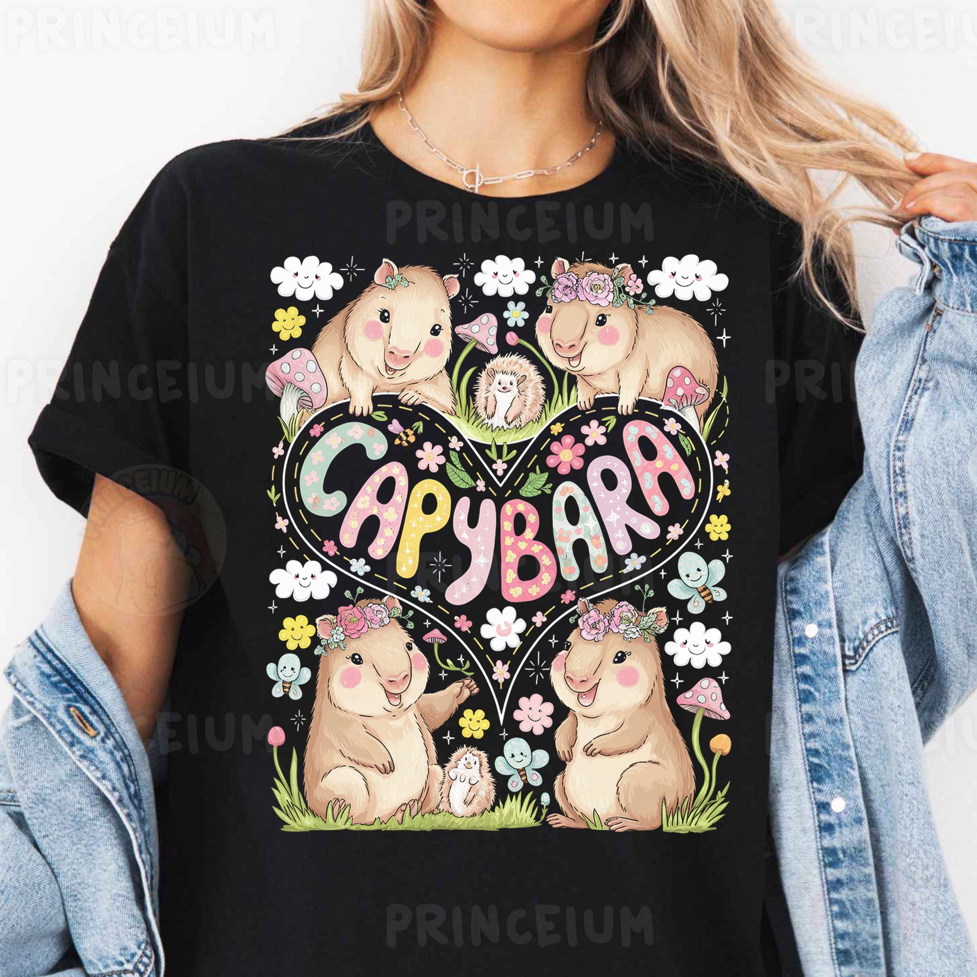 a woman wearing a black t - shirt that says capybar