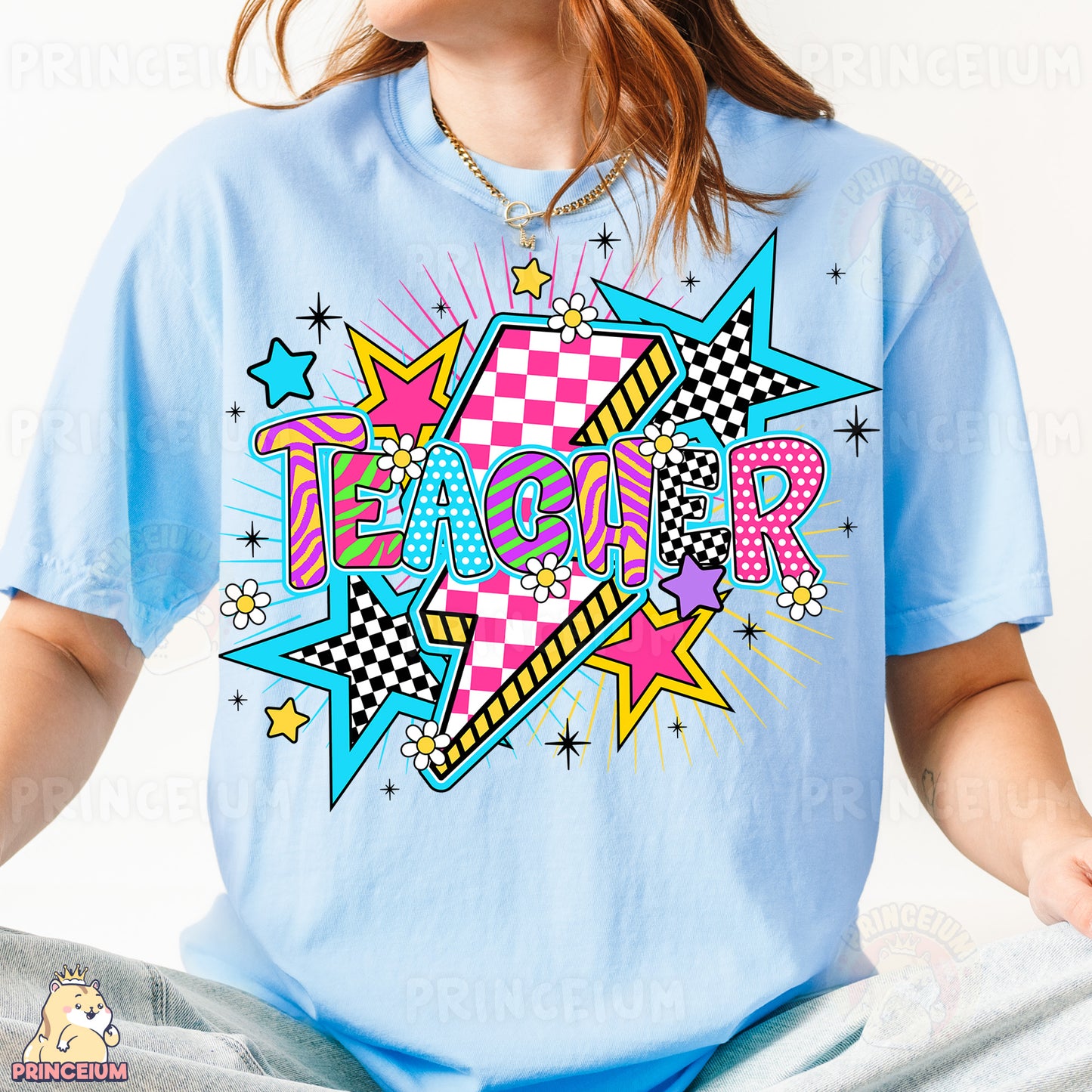 a girl wearing a blue teacher shirt with stars