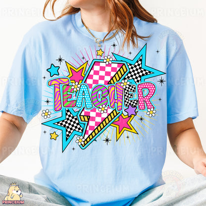 a girl wearing a blue teacher shirt with stars