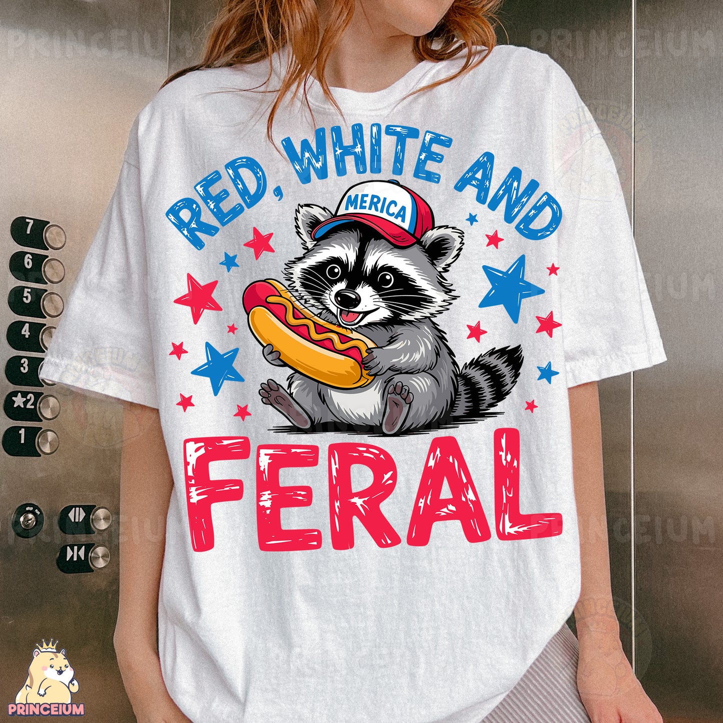 a woman wearing a red, white and blue shirt with a raccoon eating