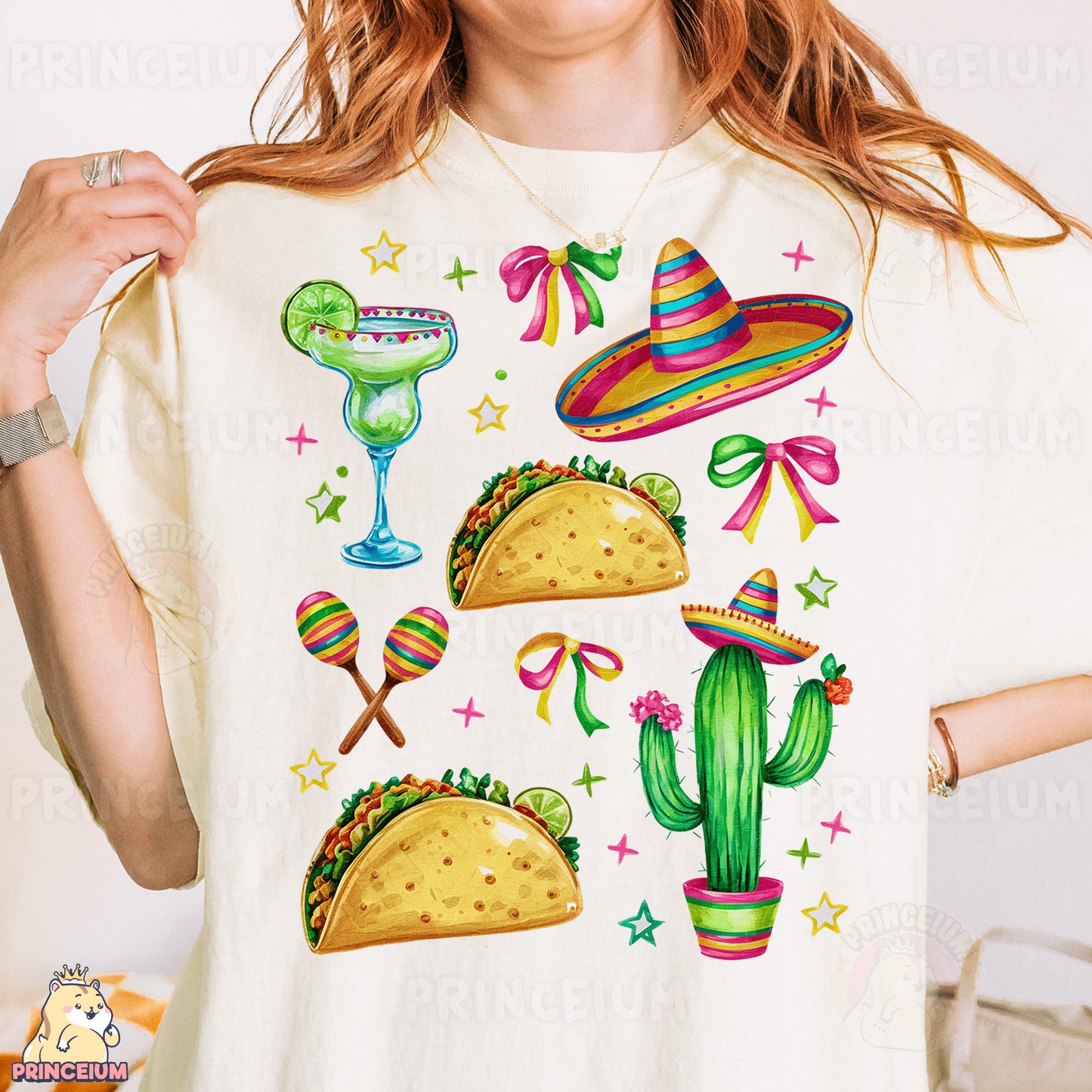 a woman wearing a white t - shirt with mexican food on it