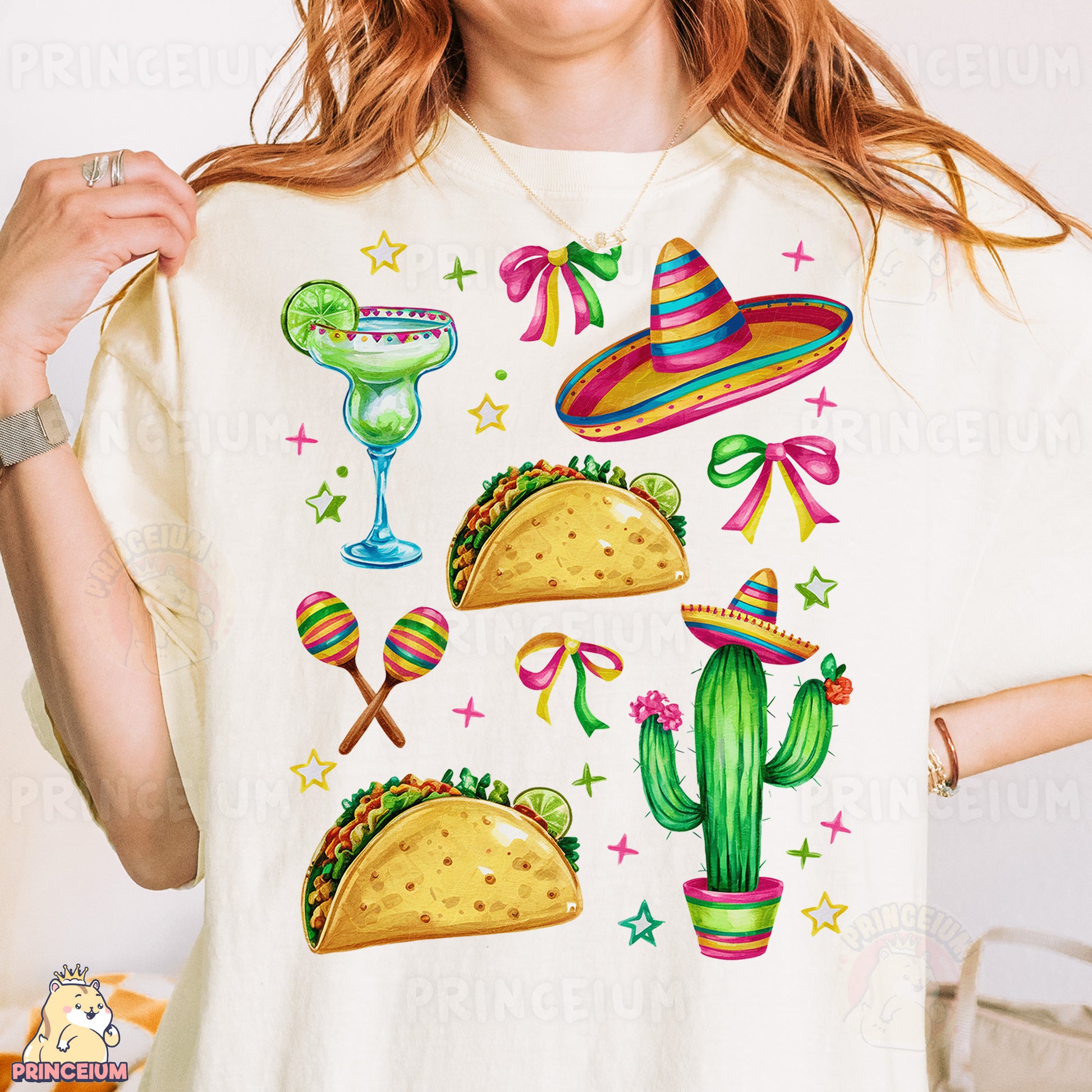 a woman wearing a white t - shirt with mexican food on it