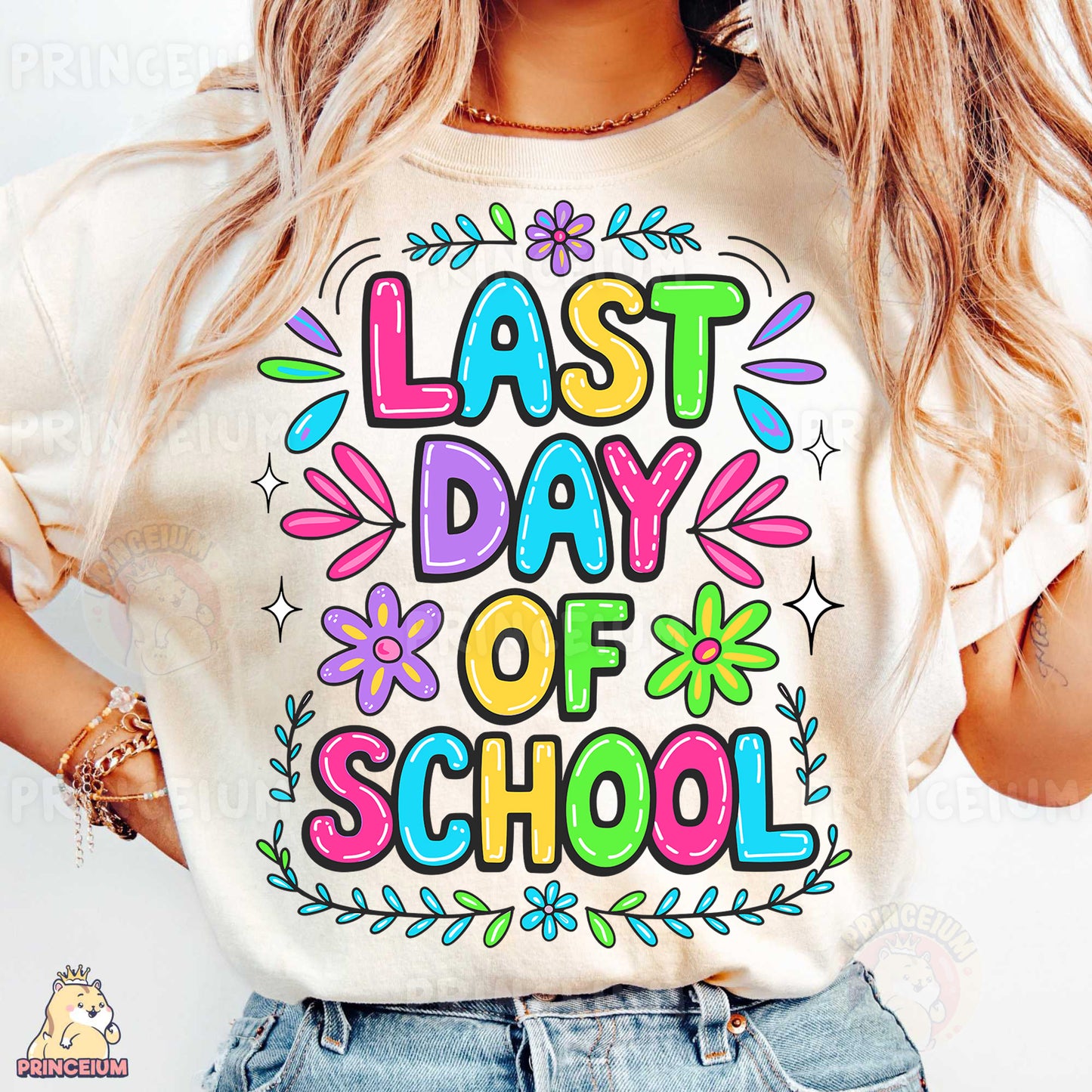 a woman wearing a t - shirt that says last day of school