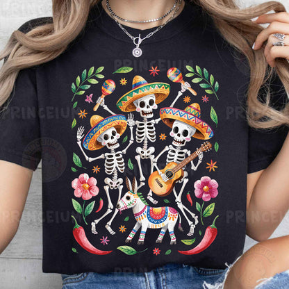 a woman wearing a black t - shirt with a mexican skeleton design