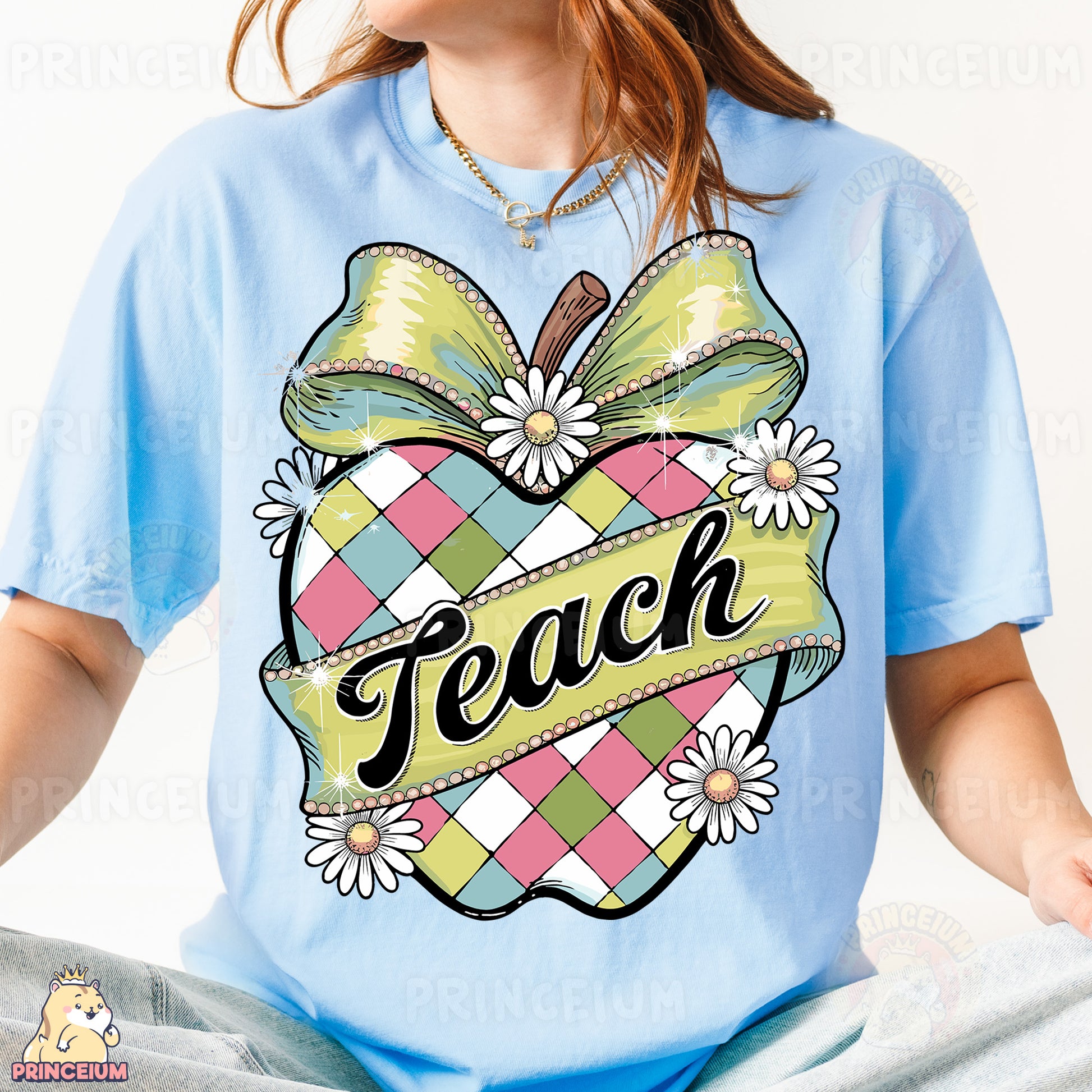 a girl wearing a light blue shirt with a bow on it